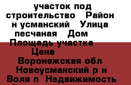 участок под строительство › Район ­ н-усманский › Улица ­ песчаная › Дом ­ 17 › Площадь участка ­ 14 › Цена ­ 550 000 - Воронежская обл., Новоусманский р-н, Воля п. Недвижимость » Дома, коттеджи, дачи продажа   